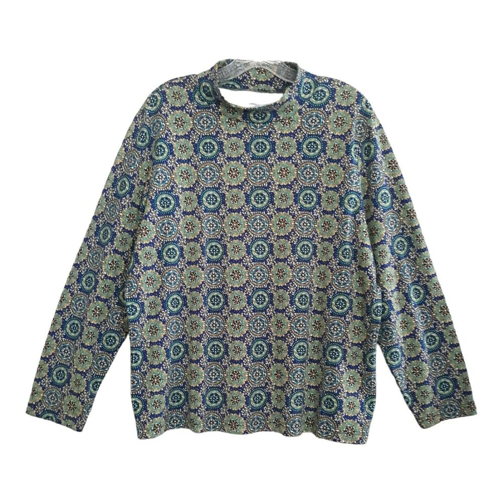 Kim Rogers Mock Neck Shirt Womens 2X  Green  Blue Yellow Long Sleeve Cotton